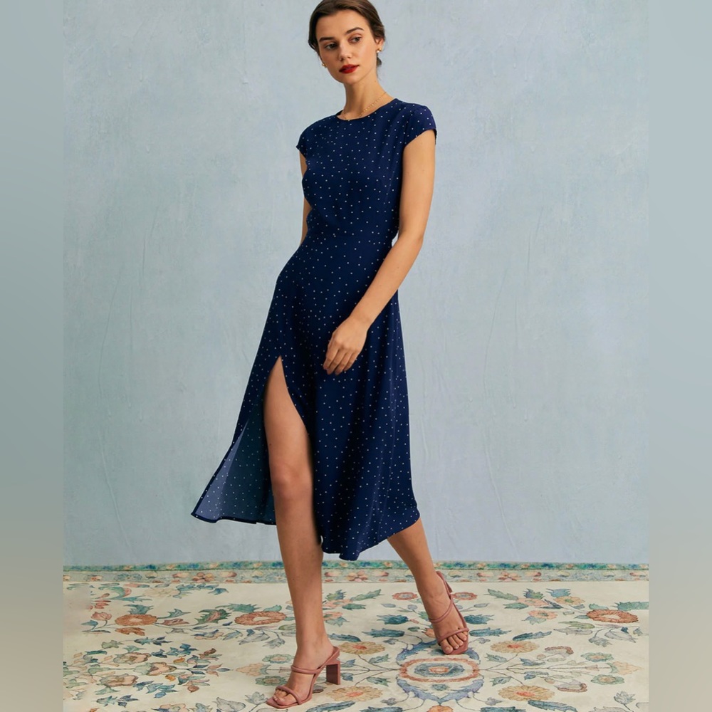 RIHOAS Navy Blue Polka Dot Midi Dress with Side Slit
